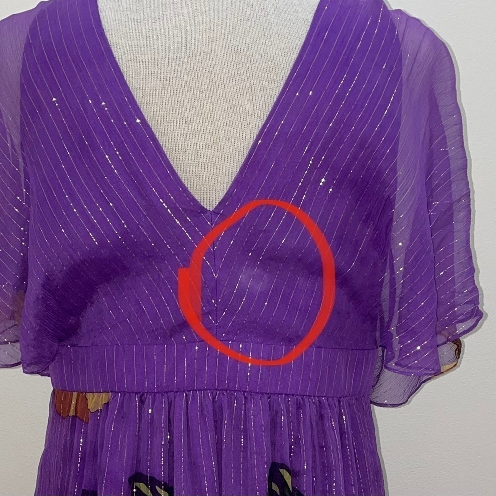 TIBI Silk Dress Sz 10 $495 Purple Floral Beads 100% Silk Metallic Empire Waist - Picture 9 of 14